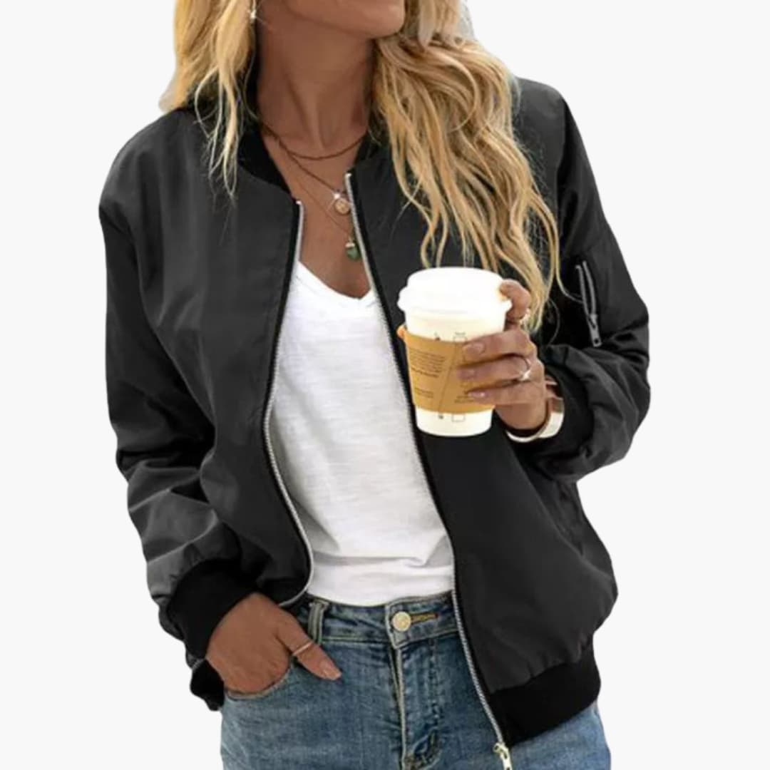 Women's bomber jacket with ribbed cuffs, zip-front closure, minimal silhouette, everyday versatile outerwear