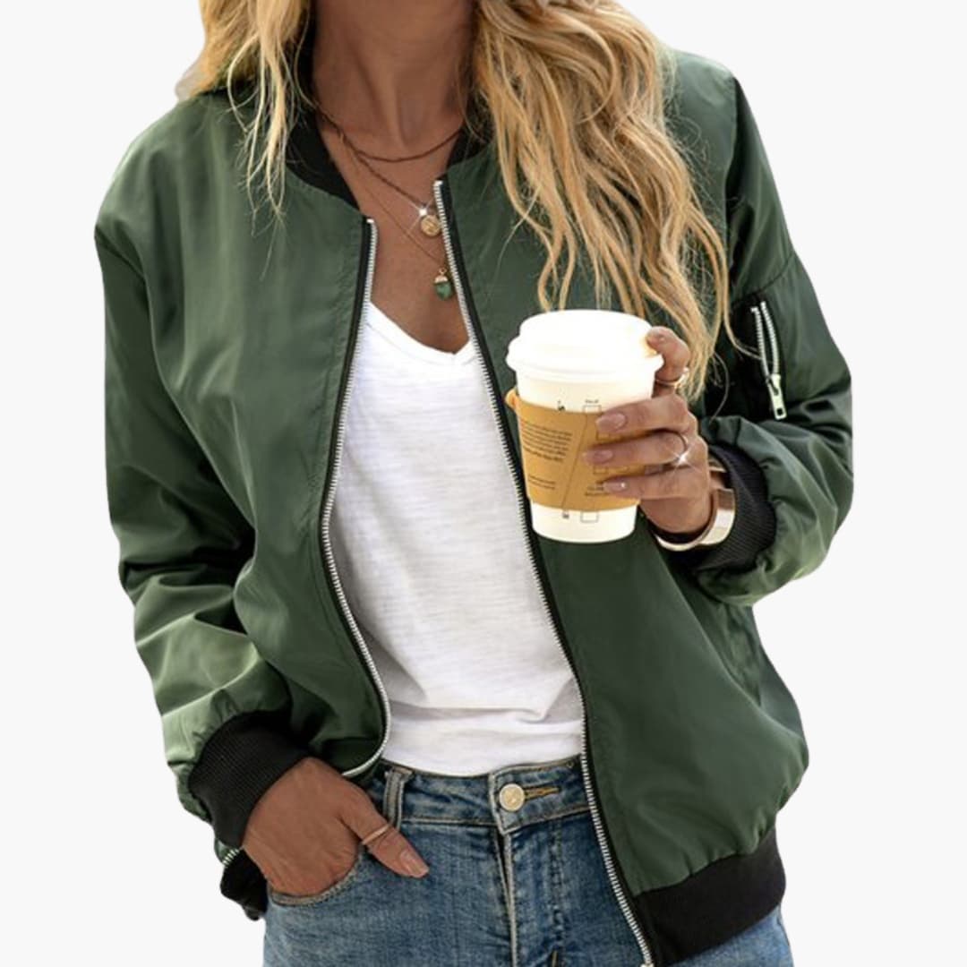 Women's bomber jacket with ribbed cuffs and zipper closure, minimal silhouette everyday outerwear
