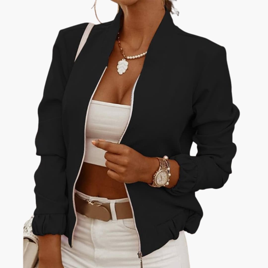 Women's cropped bomber jacket black zipper closure elastic hem gathered cuffs minimalist everyday style