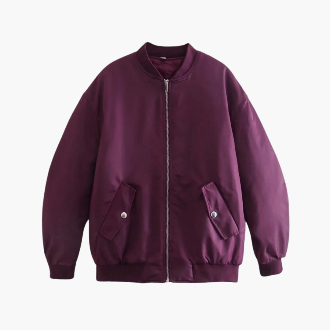 Oversized women's bomber jacket with full zipper, ribbed neckline, and flap pockets for autumn winter