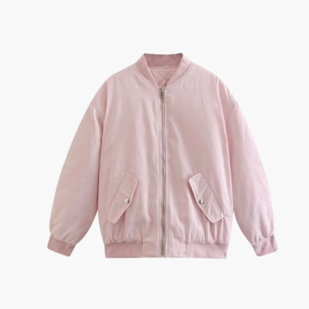 Oversized women's bomber jacket with full zipper, ribbed neckline, and flap pockets for fall winter