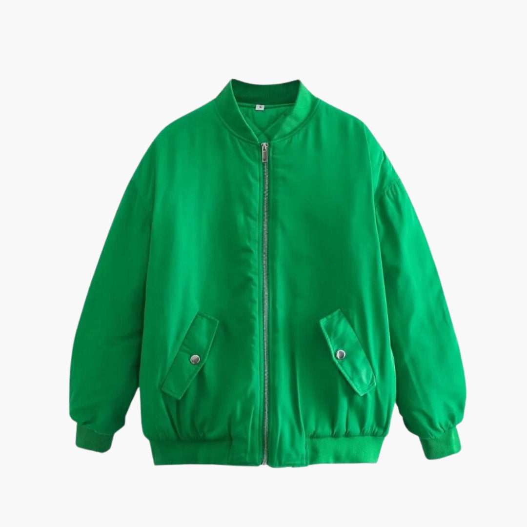 Oversized women's bomber jacket with full zipper, ribbed neckline, flap pockets, cozy autumn-winter style