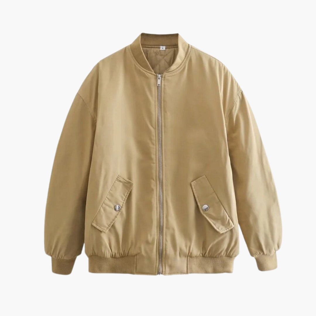 Oversized women's bomber jacket with zipper, flap pockets, ribbed neckline for cozy autumn winter