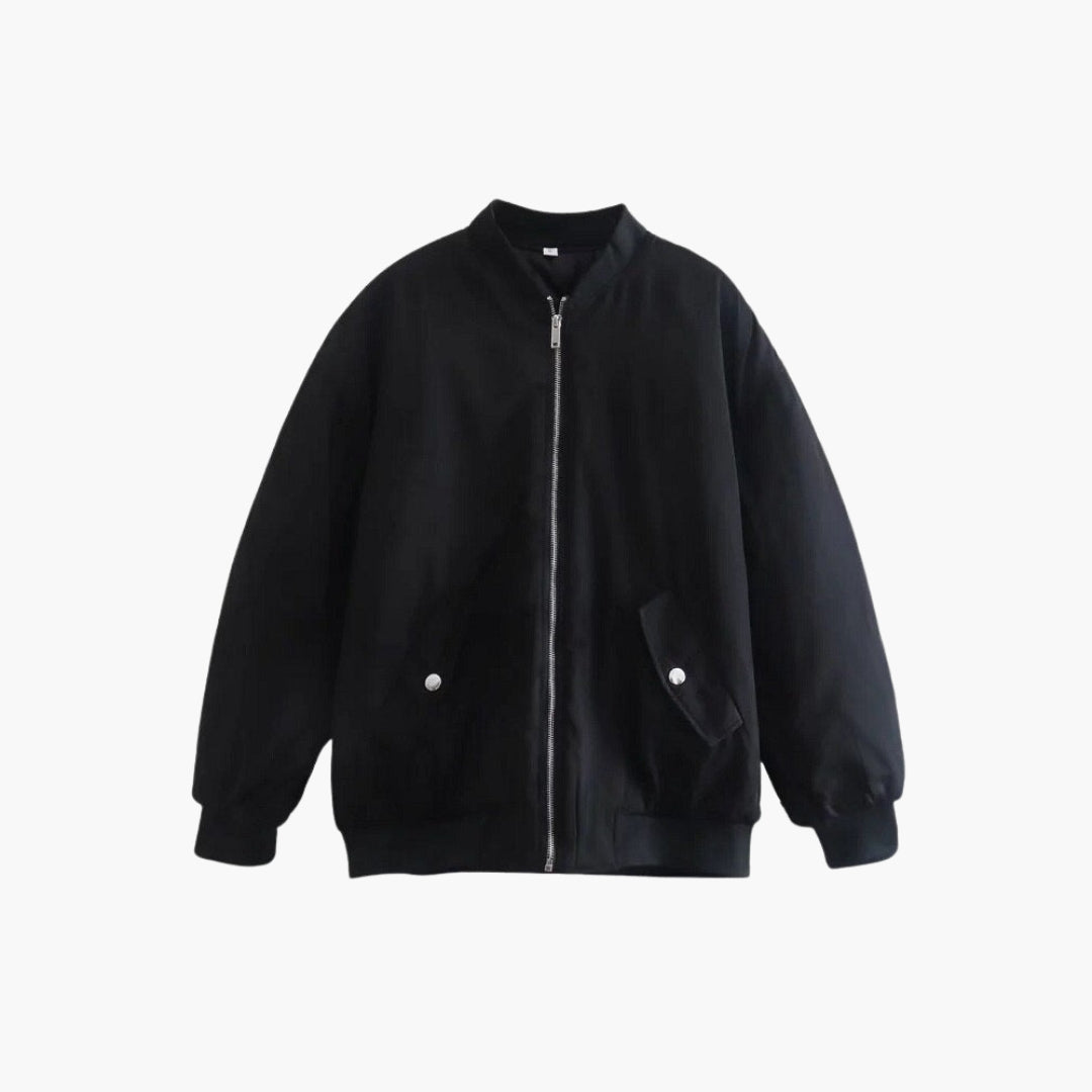 Oversized women's bomber jacket with full zipper, ribbed neckline, and flap pockets for fall winter