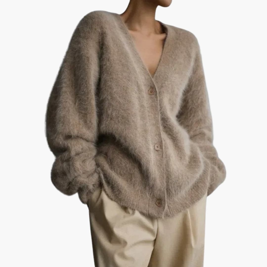 Women's beige textured knit cardigan deep V-neck button-front closure long sleeves chic everyday