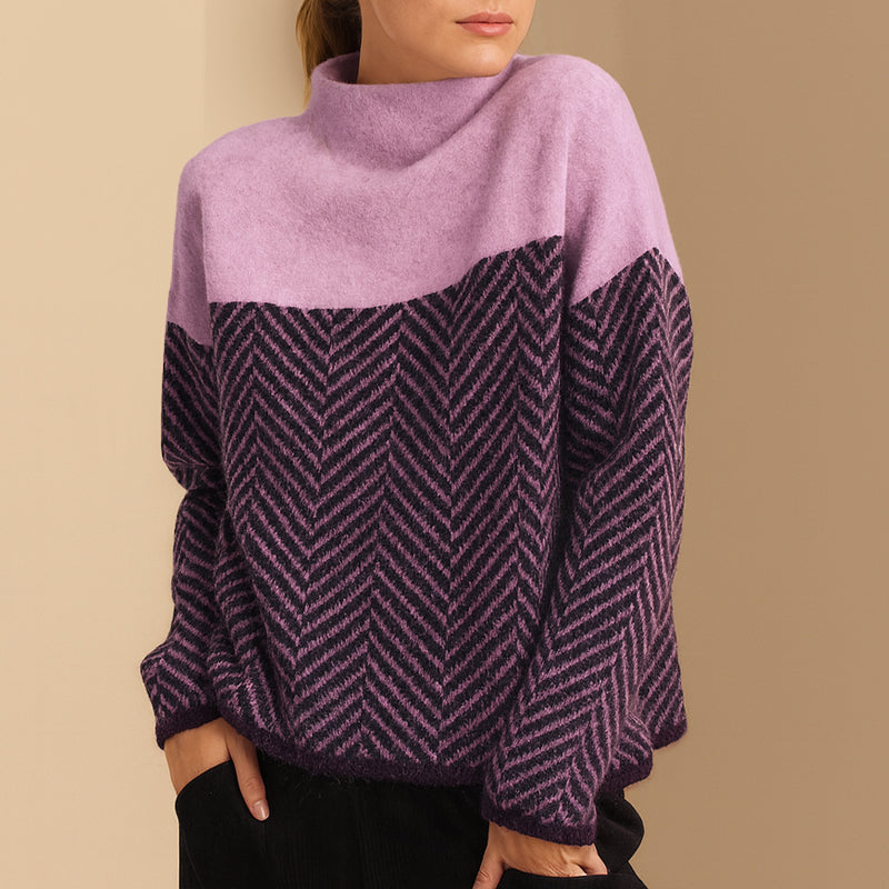 Women's chevron knit turtleneck sweater relaxed silhouette dropped shoulders hip-length cozy winter style