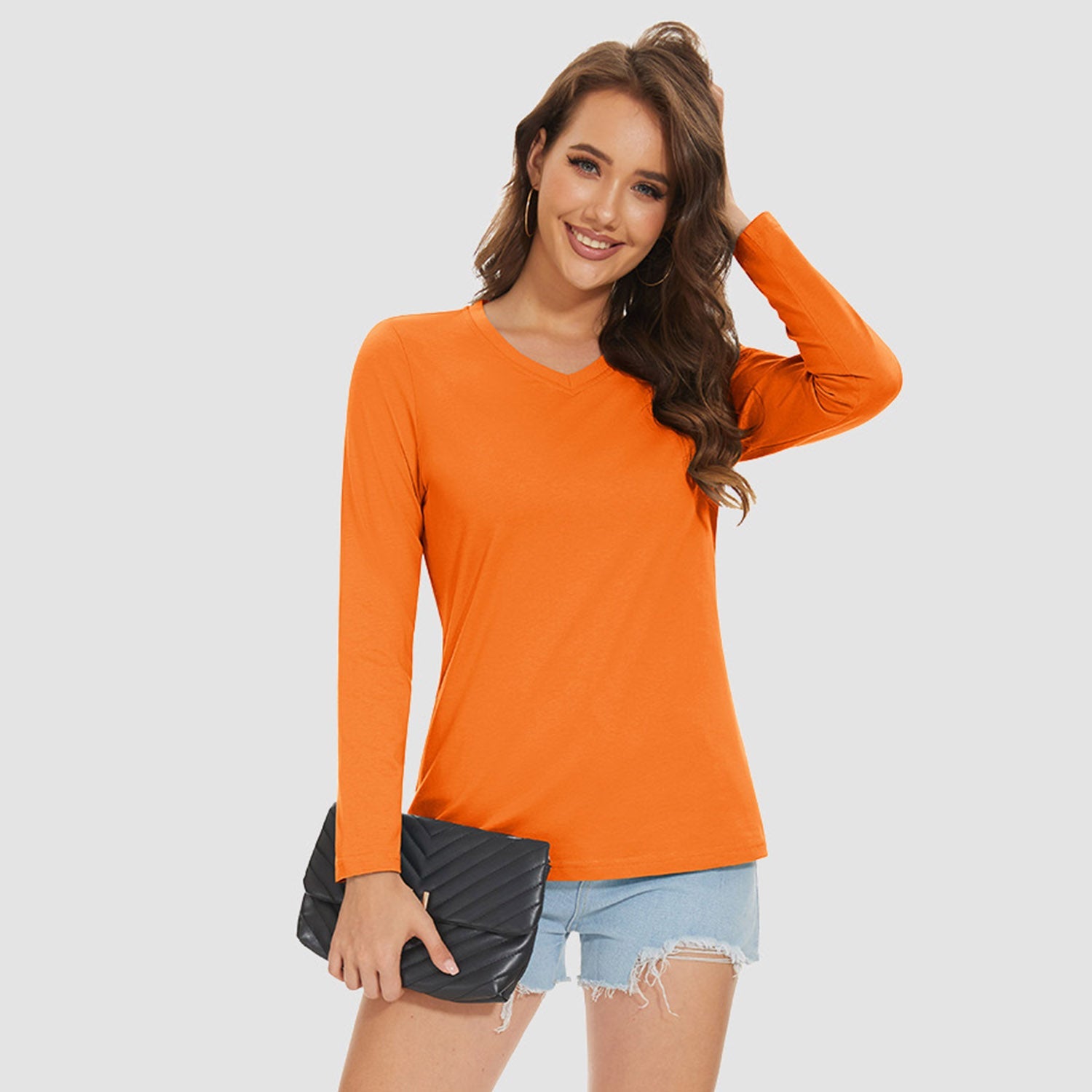Women's moisture-wicking cotton v-neck long sleeve shirt, breathable casual fit for all-day comfort