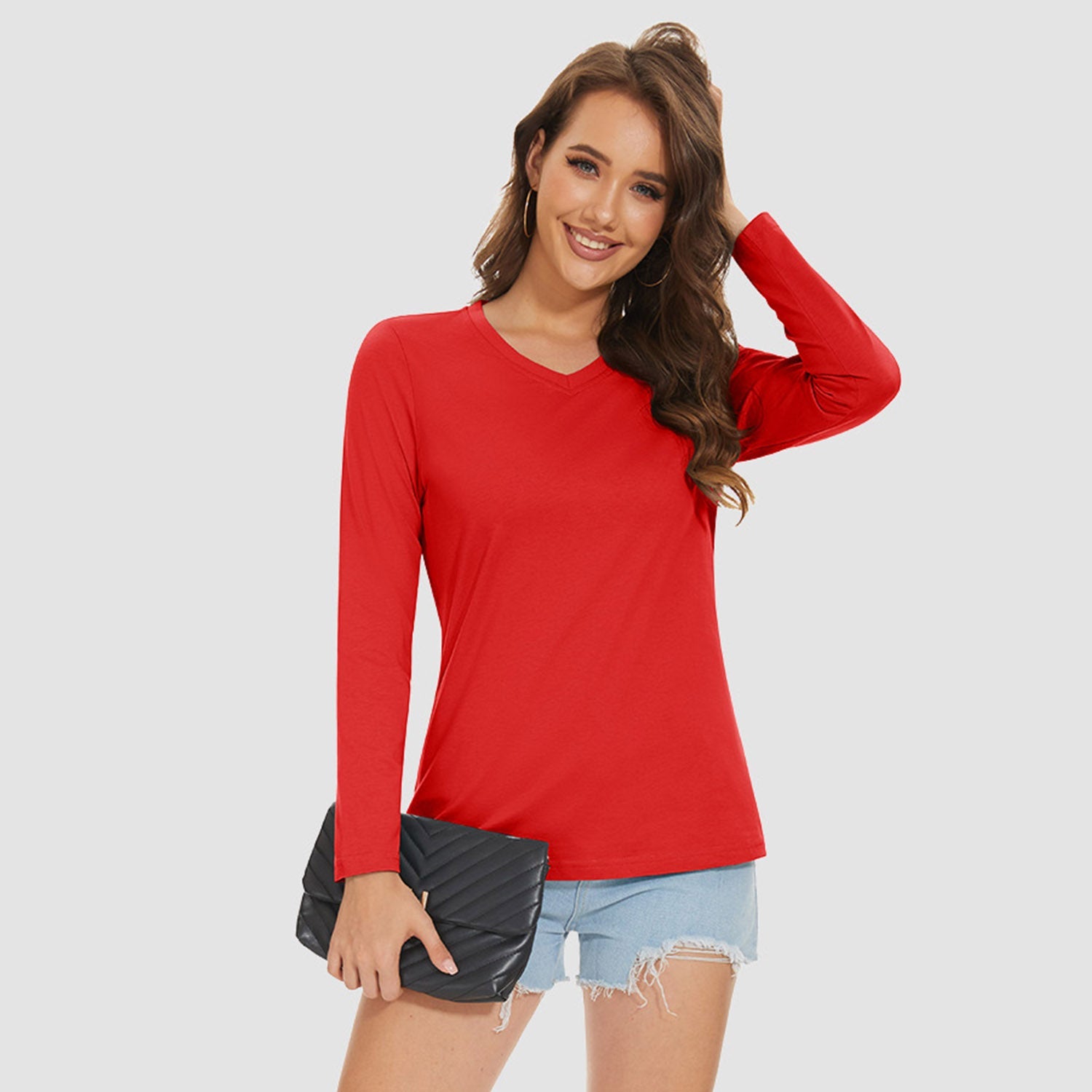 Women's moisture-wicking cotton v-neck long sleeve shirt, breathable casual fit everyday staple