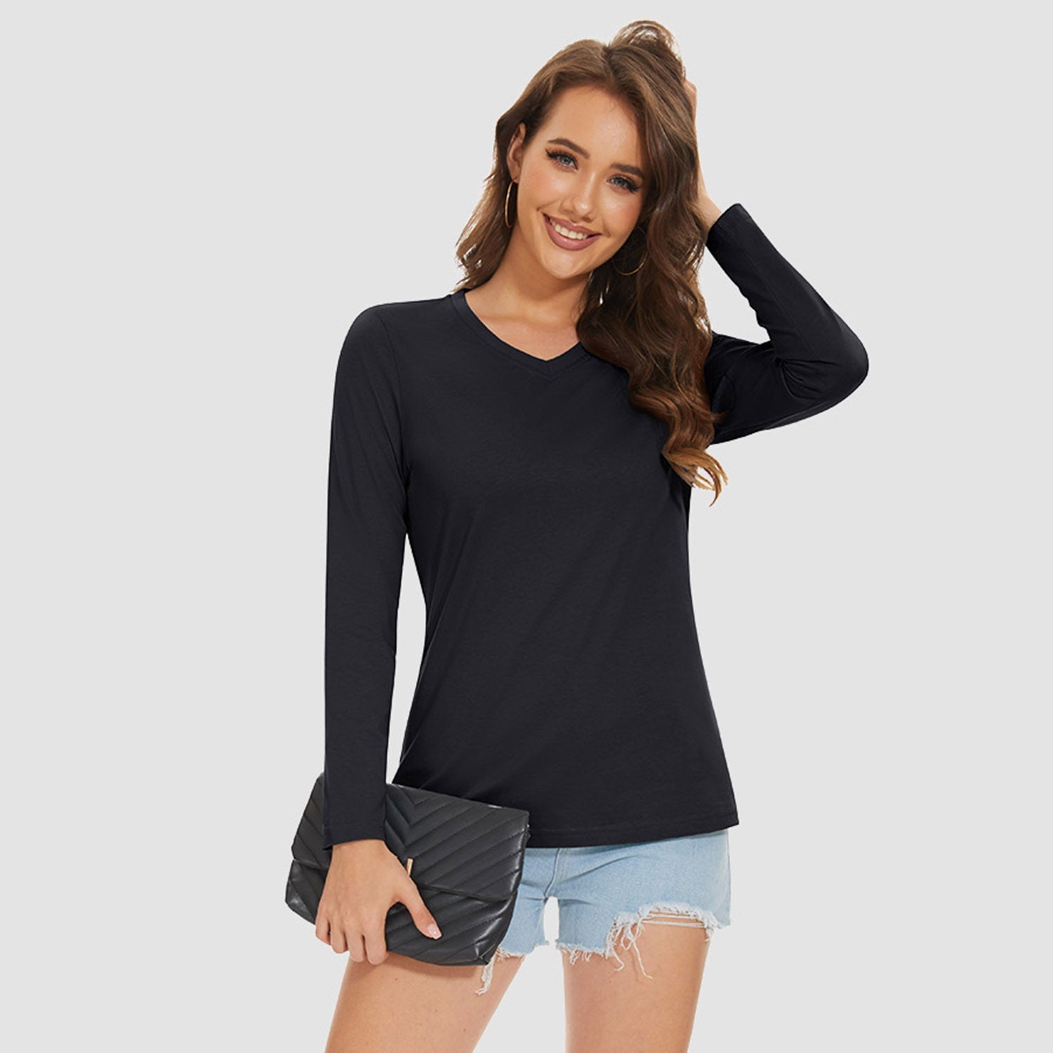 Women's moisture-wicking cotton V-neck long sleeve shirt, breathable casual fit for all-day comfort