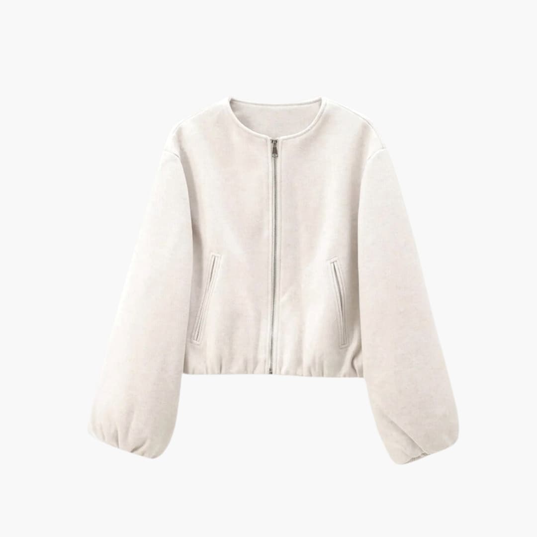 Women's cropped zip-up jacket with round neckline, chic fitted silhouette and angled side pockets