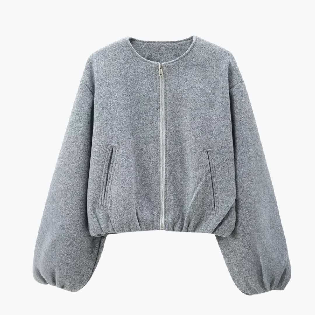 Women's black cropped jacket with full-length zipper closure, chic round neckline, versatile everyday layer