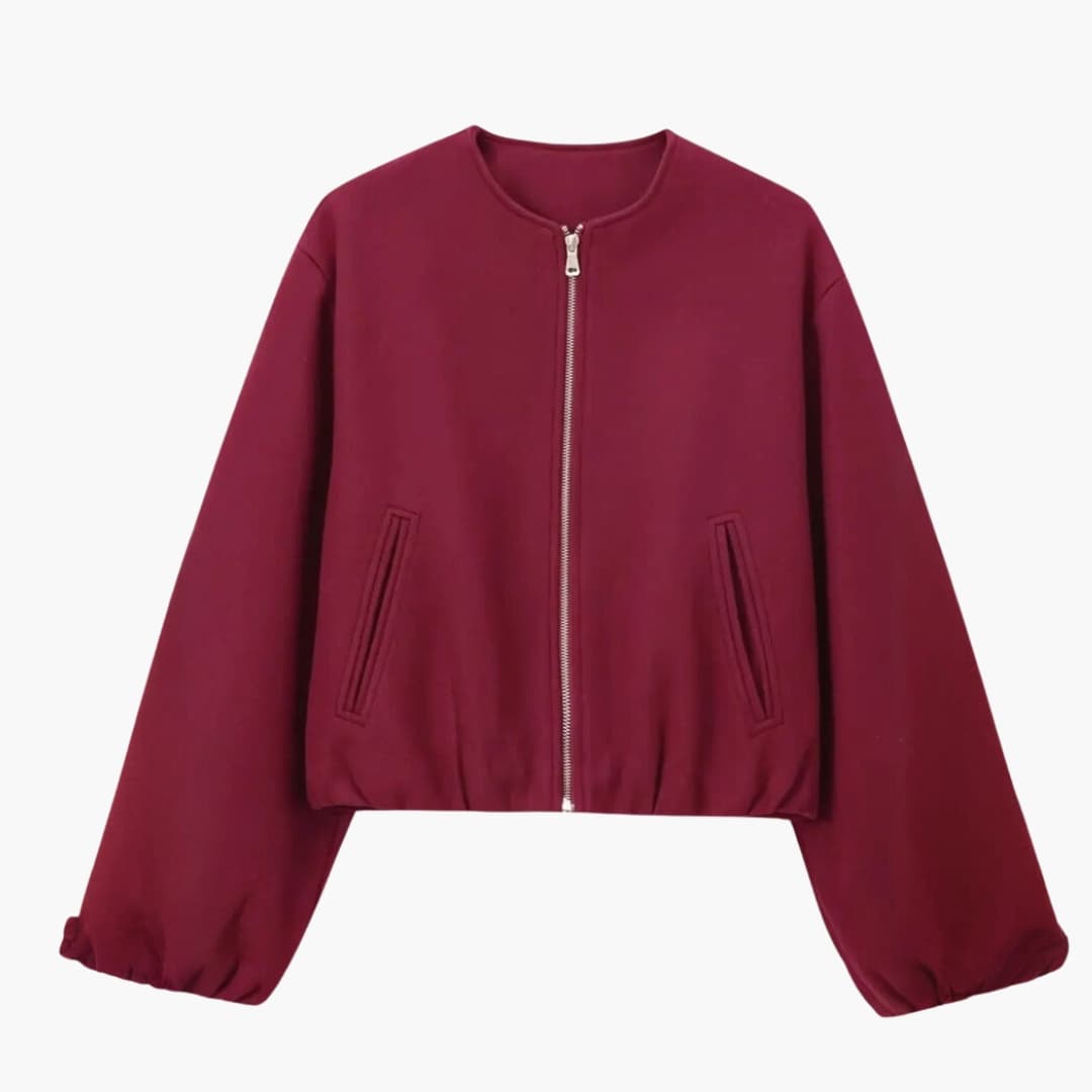 Women's black cropped zip-up jacket with round neckline and angled side pockets