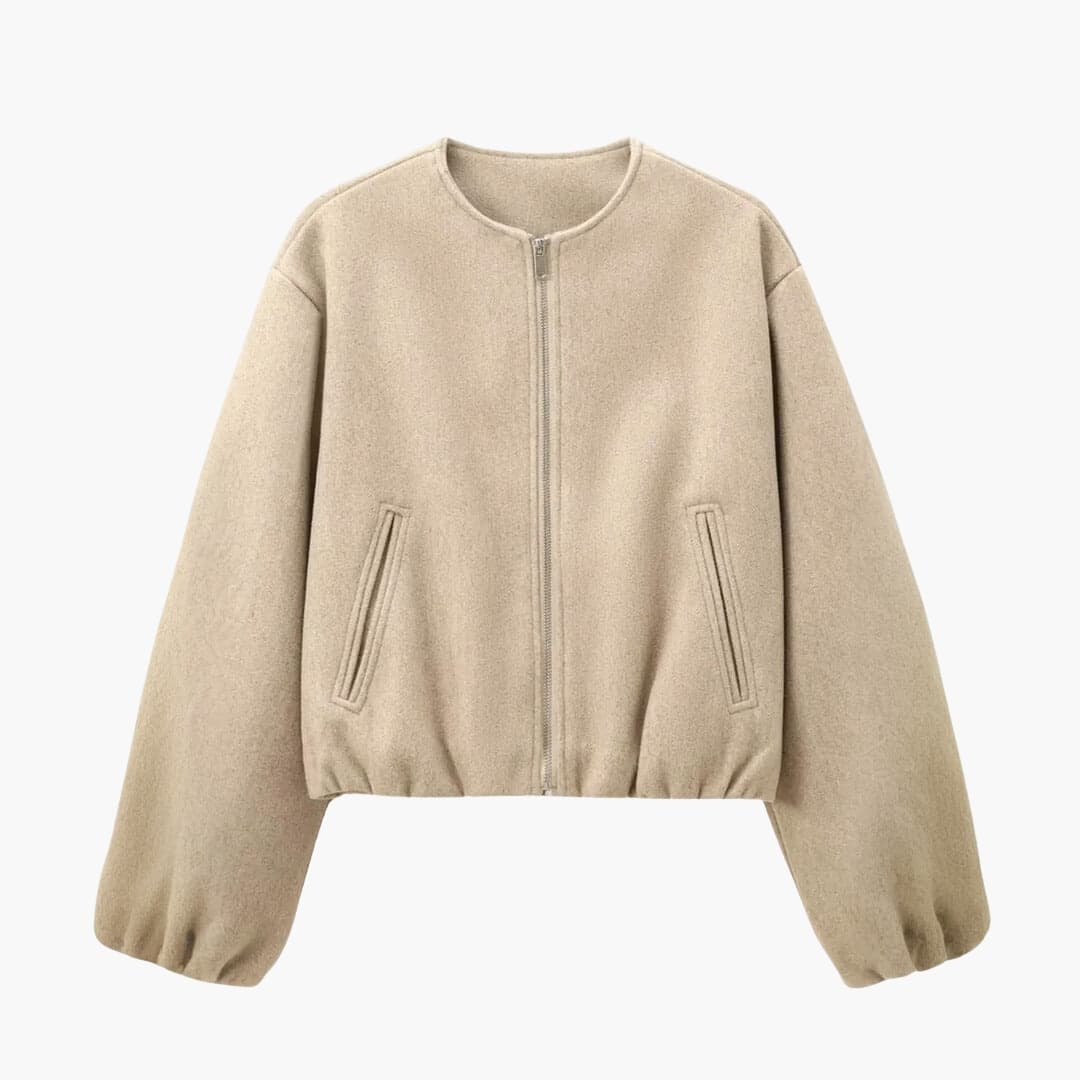 Women's black cropped zip-up jacket with round neckline and angled side pockets