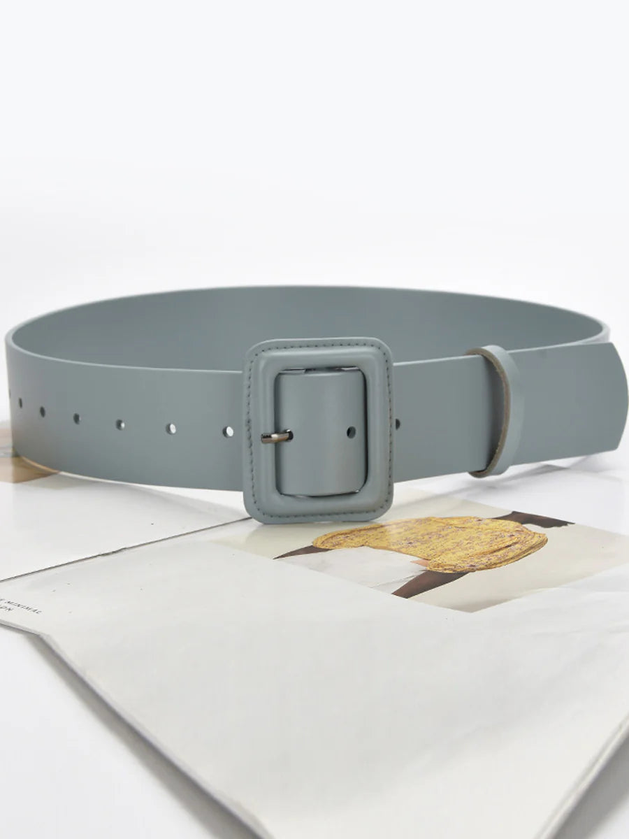 Women's solid color leather belt with square buckle, sleek versatile fashion accessory