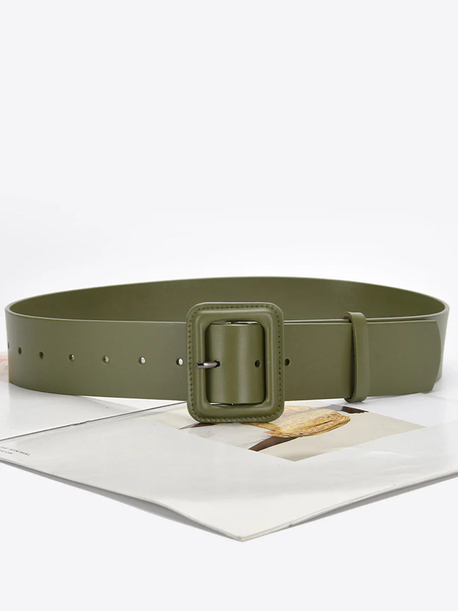 Women's solid color imitation leather belt with square buckle, sleek versatile fashion accessory