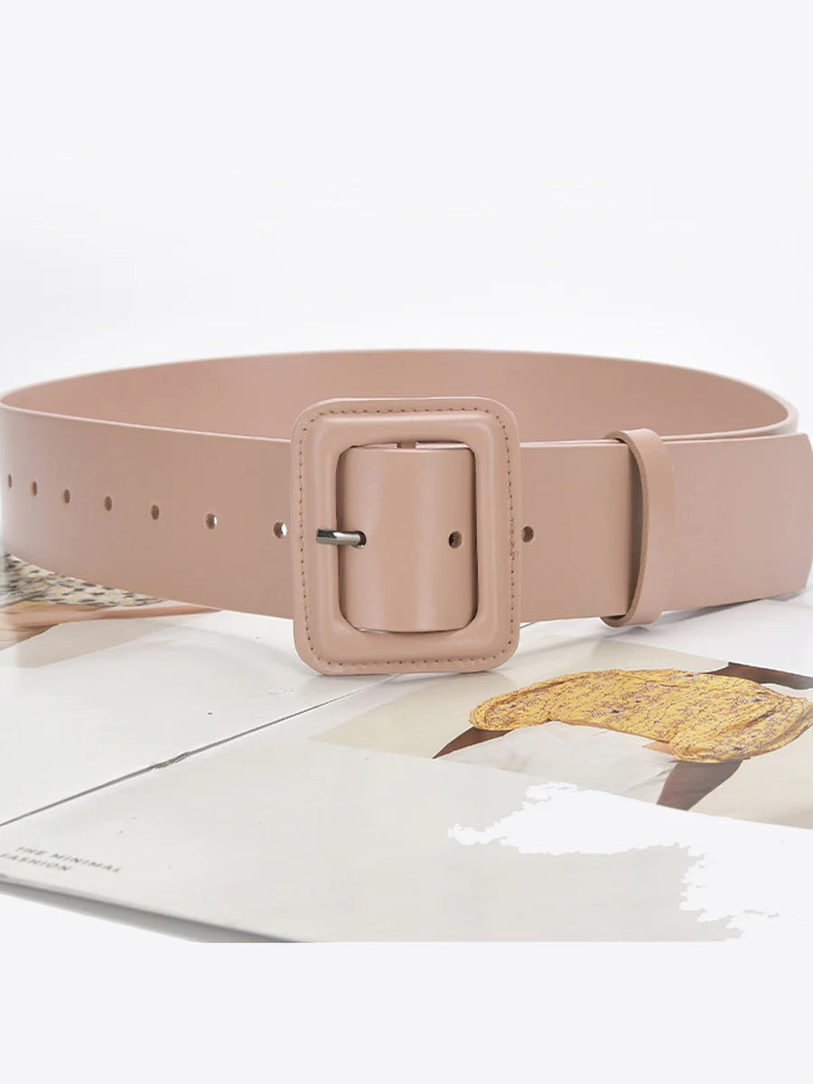 Women's solid color leather belt with square buckle, sleek versatile fashion accessory
