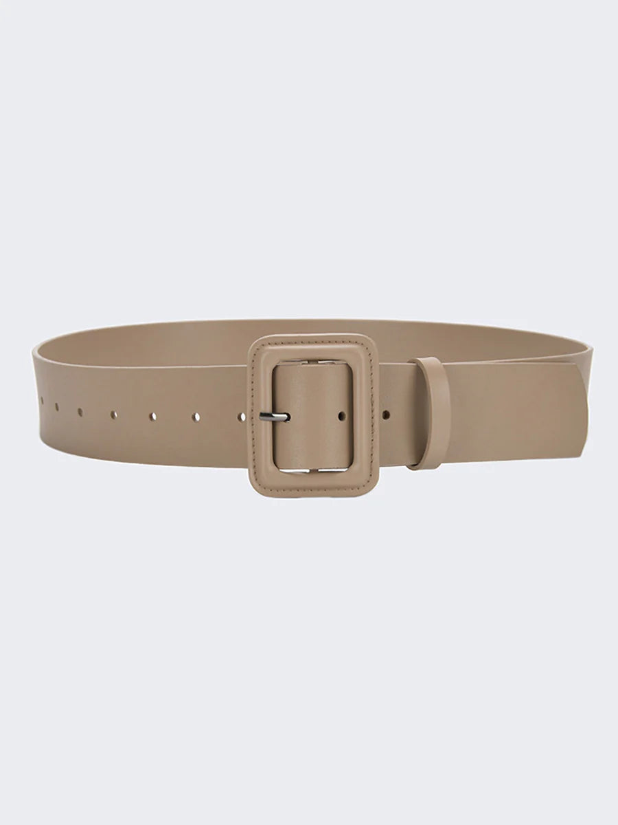 Women's solid color imitation leather belt with square buckle, sleek versatile fashion accessory