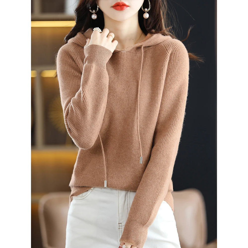 Women's relaxed hooded cashmere wool knit sweater, cozy medium-stretch blend with full-length sleeves