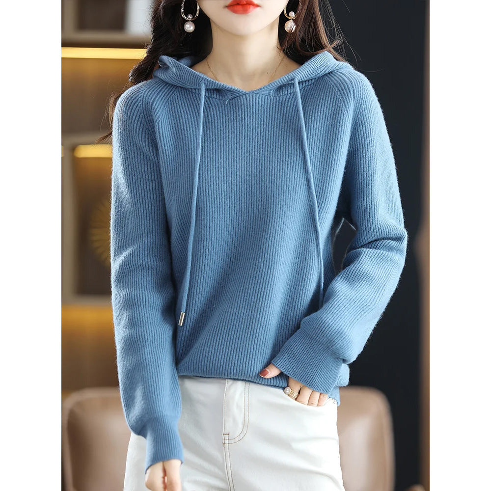 Women's relaxed hooded cashmere wool knit sweater, soft medium-stretch blend with full-length sleeves