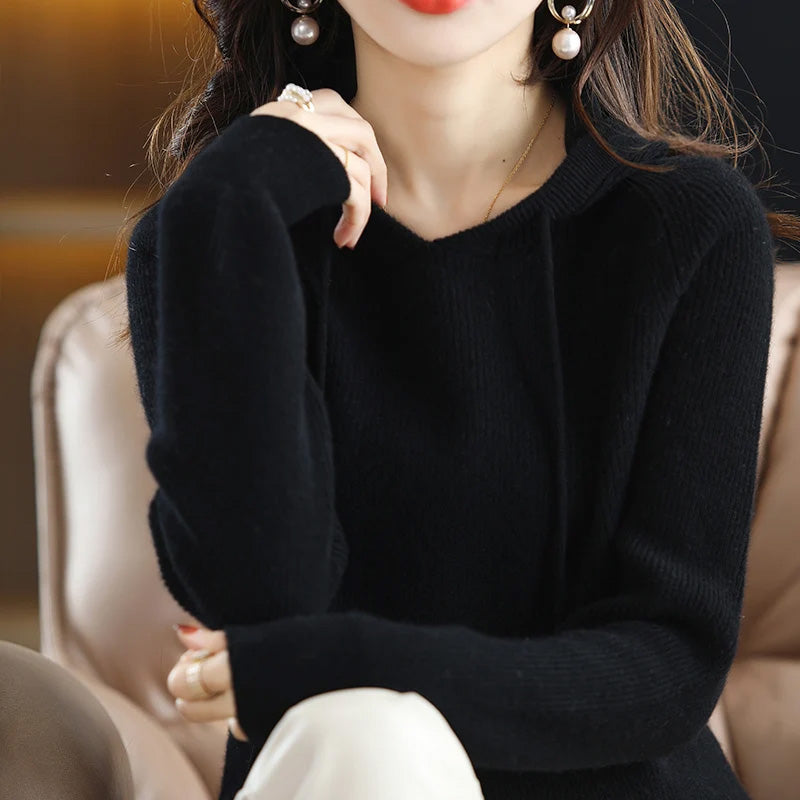 Women's relaxed hooded cashmere wool knit sweater, cozy soft blend with full-length sleeves