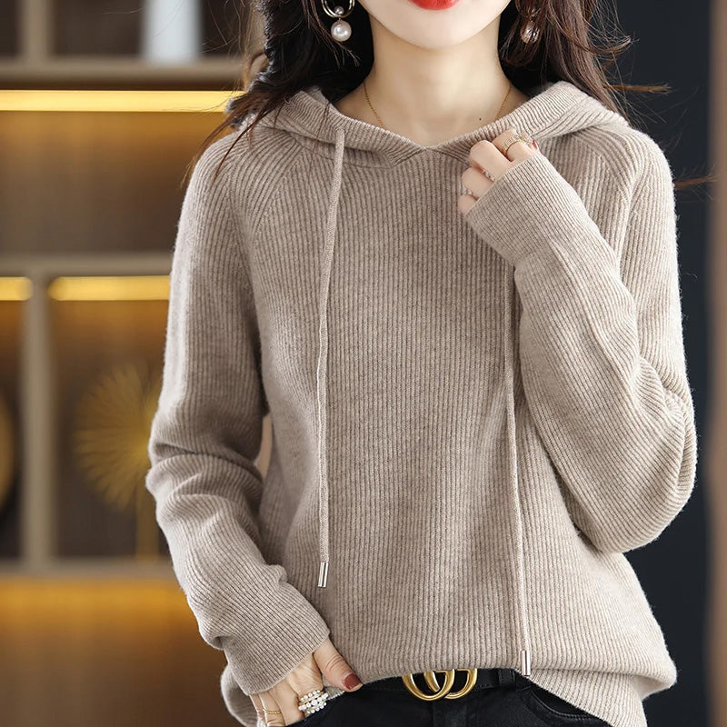 Women's relaxed hooded cashmere wool knit sweater, cozy medium-stretch blend with full-length sleeves