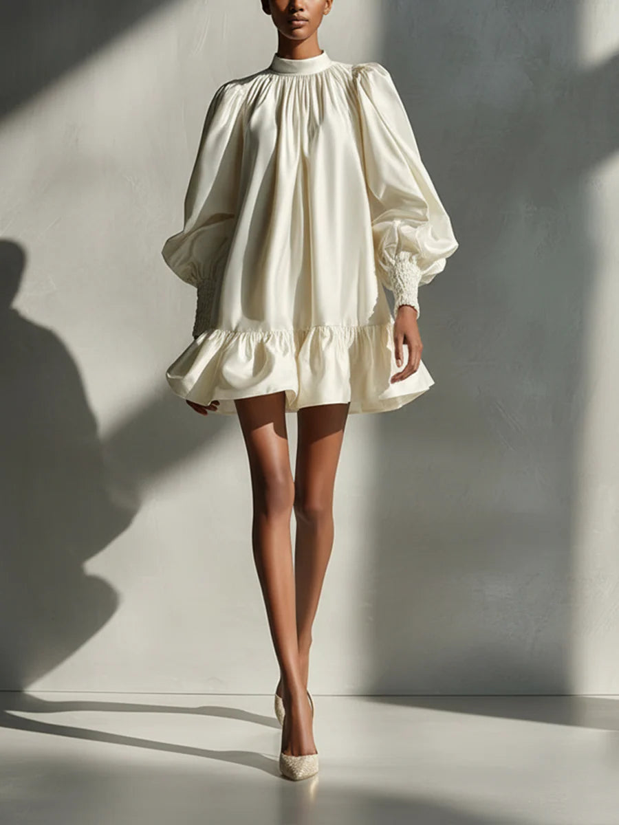 Beige satin mini dress high neck oversized puff sleeves ruffled hem chic evening wear women