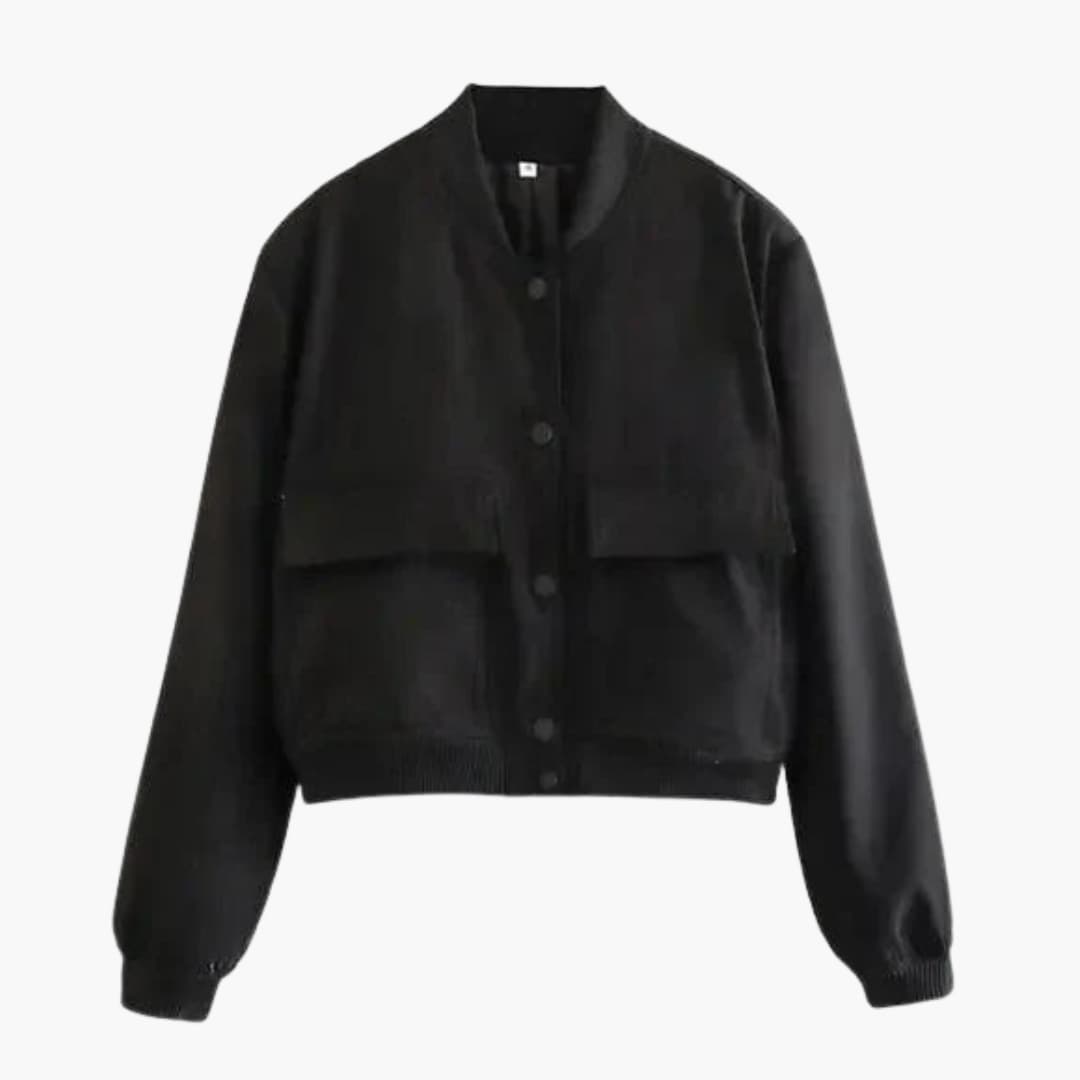 Cropped women's bomber jacket beige ribbed collar button closure flap pockets chic everyday style