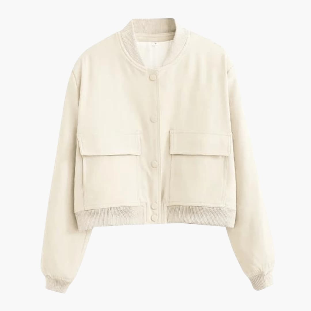 Cropped women's bomber jacket beige ribbed collar button closure front flap pockets chic everyday style