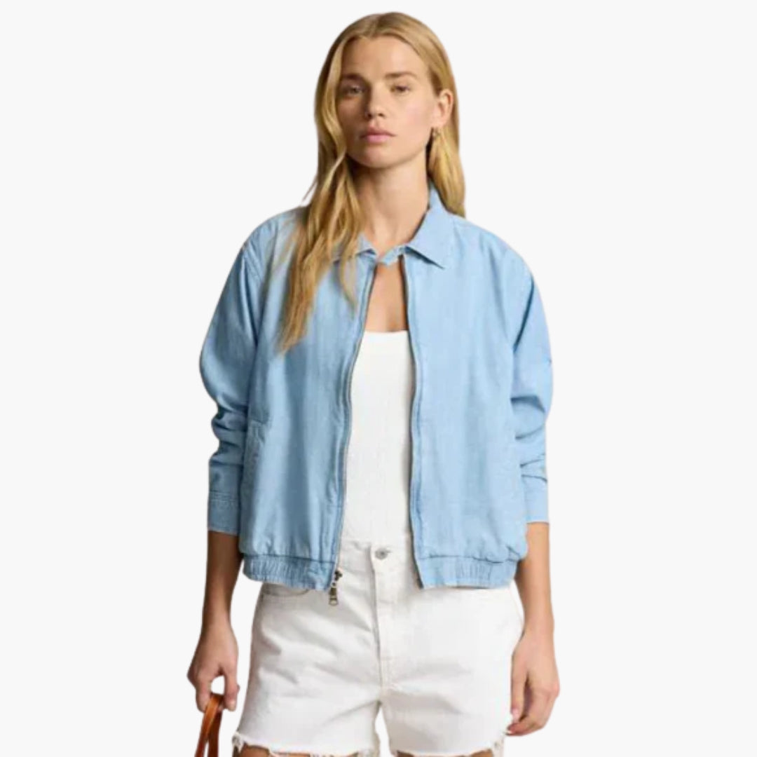 Women's cropped zip-up jacket with collared neckline, elastic hem, side pockets, clean everyday silhouette