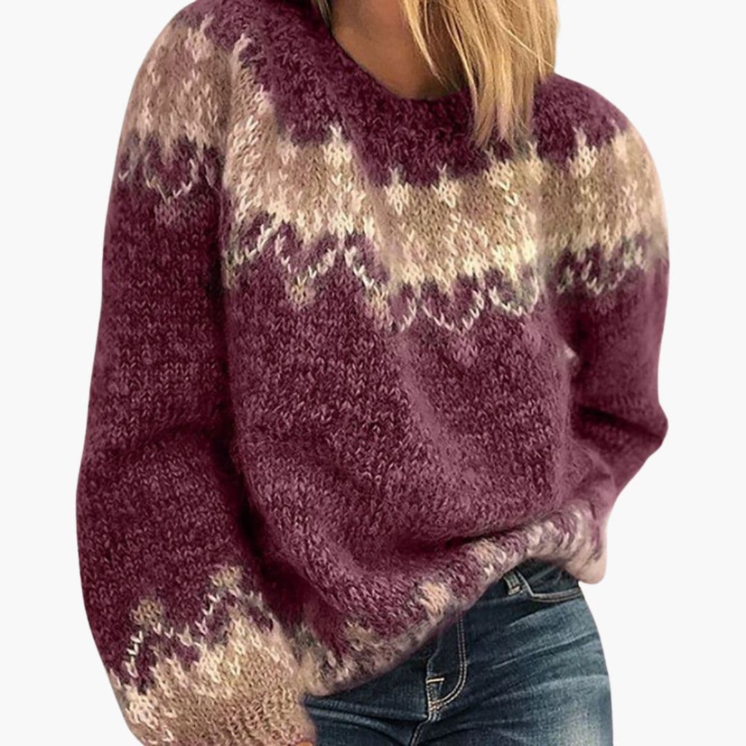 Women's patterned jacquard knit sweater, crew neck, ribbed hem, textured chest design for everyday wear