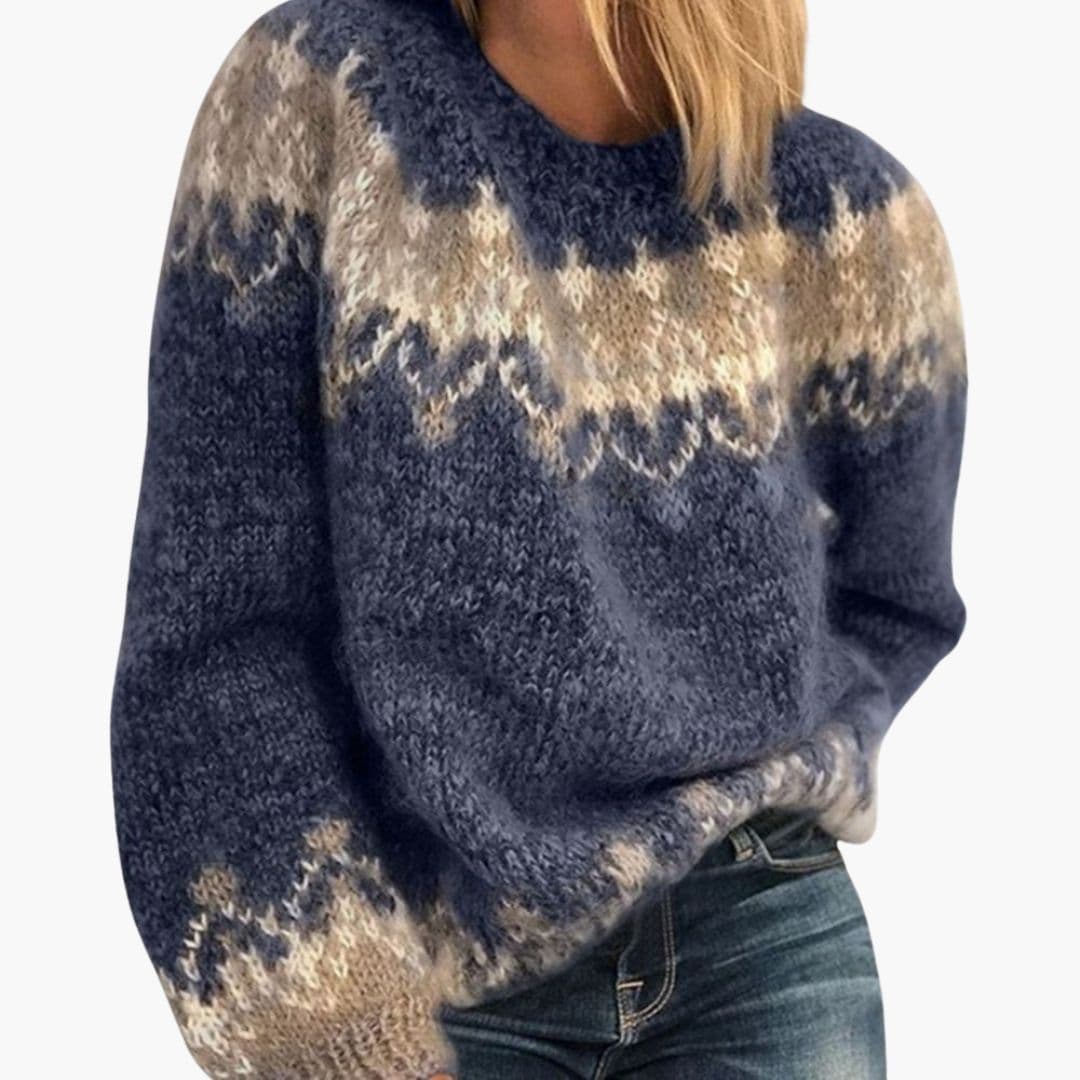 Women's jacquard knit sweater crew neck ribbed hem patterned upper body cozy everyday fit
