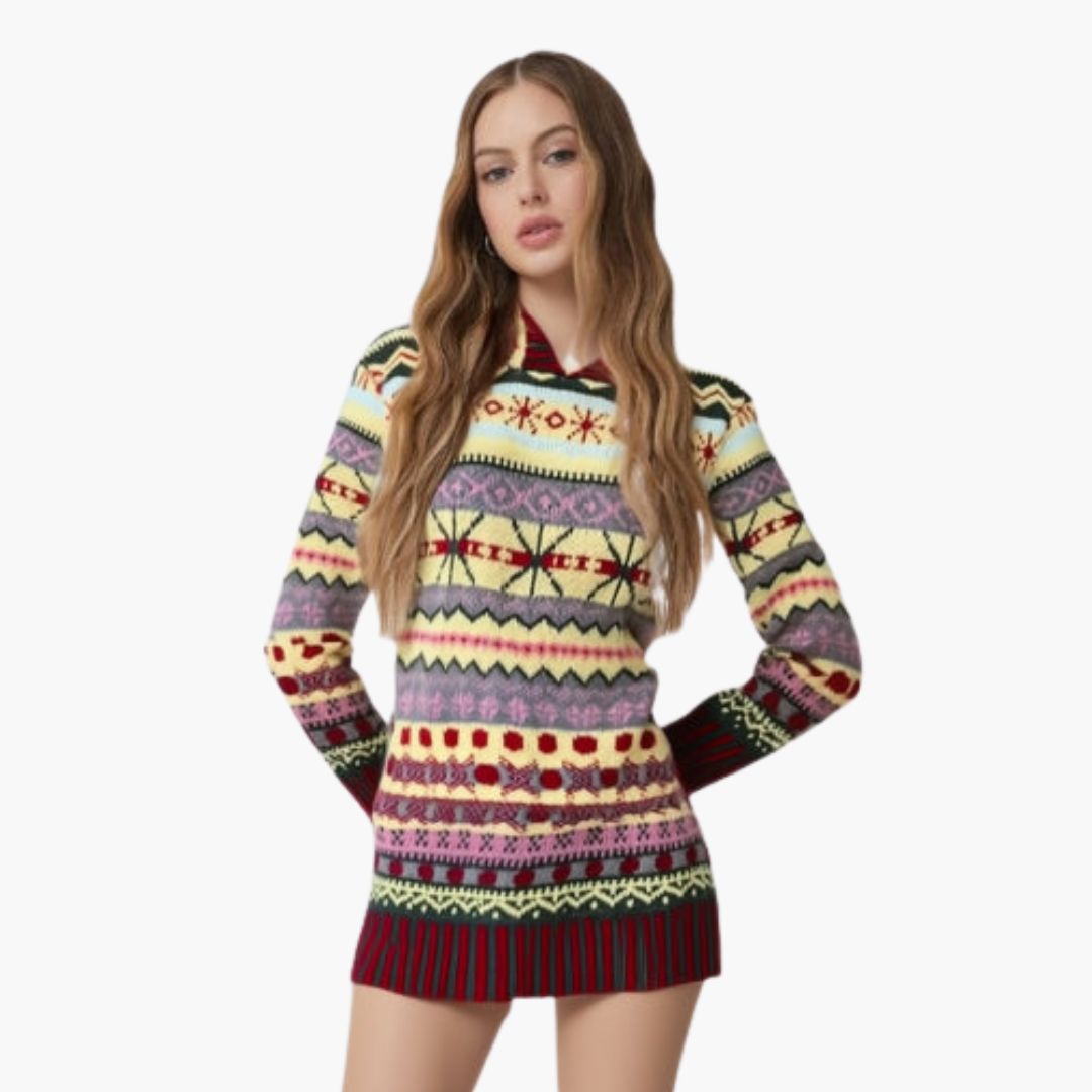 Women's hooded Nordic pattern knit sweater multicolor cozy winter pullover with attached hood