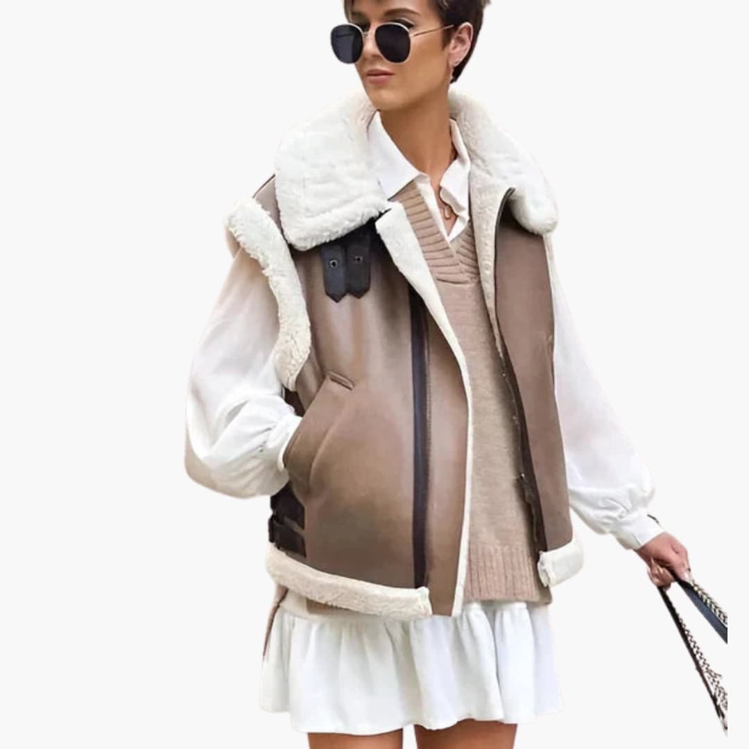 Women's sleeveless vest beige faux shearling lining wide turndown collar cozy layering piece