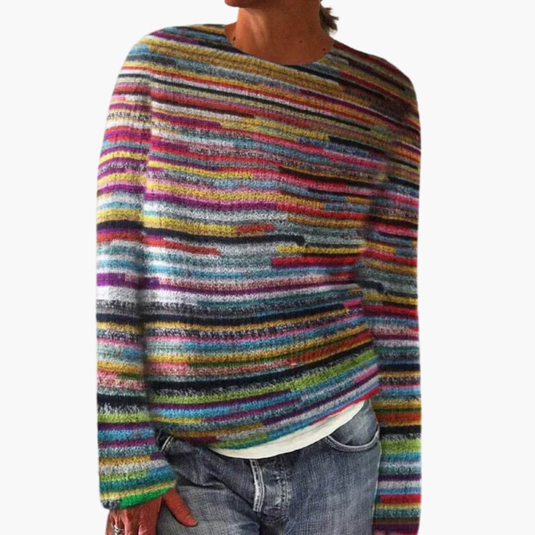 Women's multicolor striped knit sweater, round ribbed neckline, long sleeve cozy everyday essential