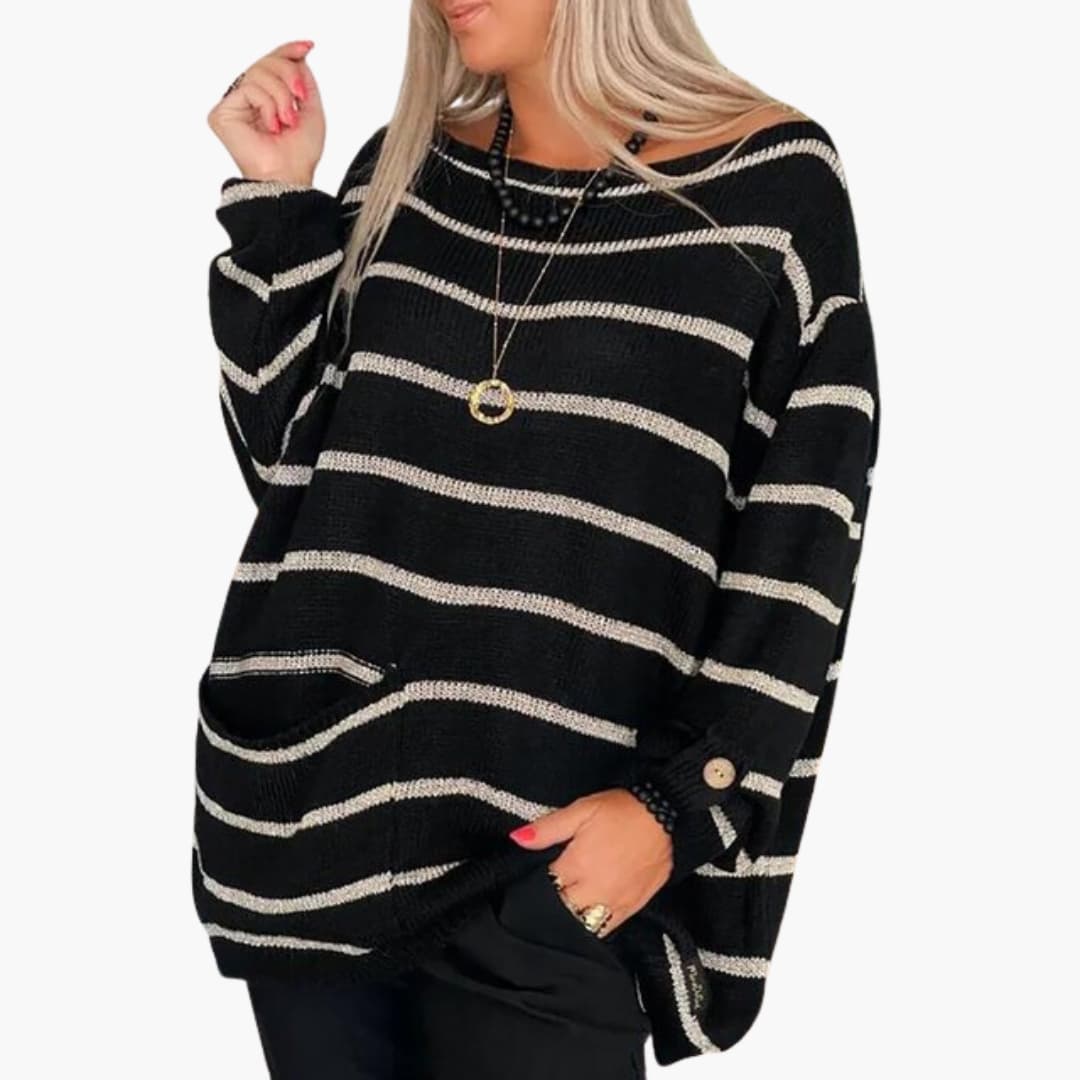Women's striped pullover sweater soft knit round neck casual cozy with patch pocket