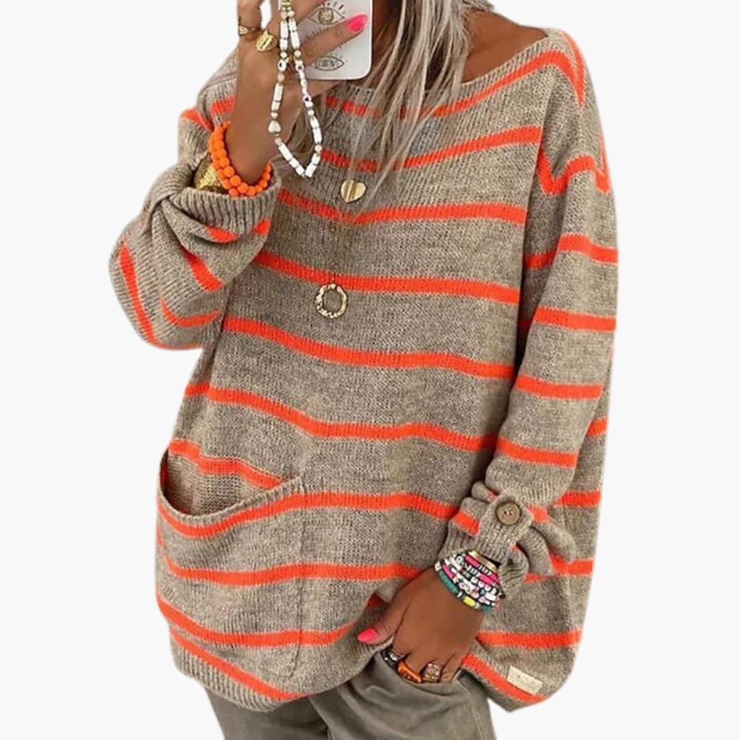 Women's striped pullover sweater soft knit round neck casual cozy with front patch pocket