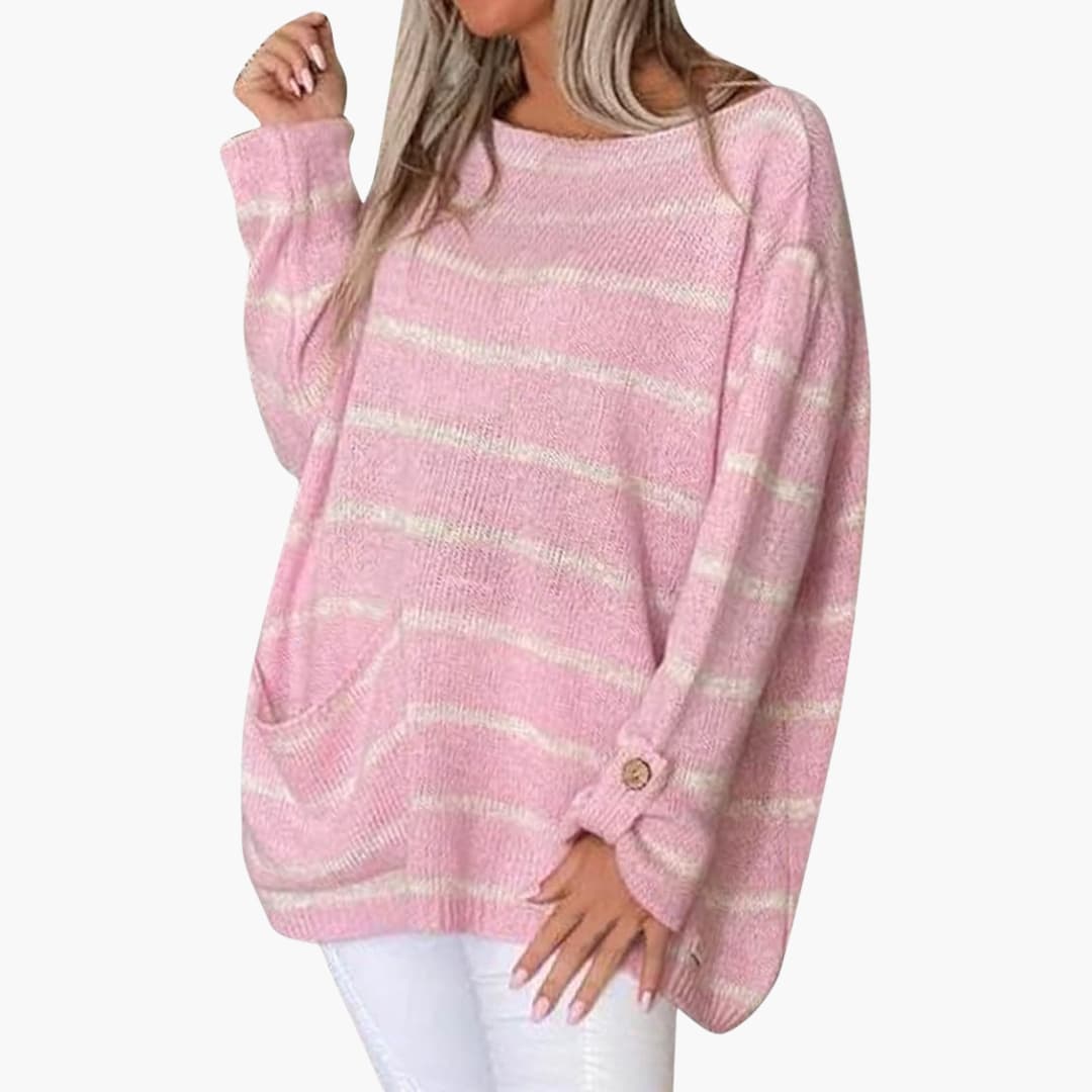 Women's striped pullover sweater soft knit round neck casual fit with front patch pocket