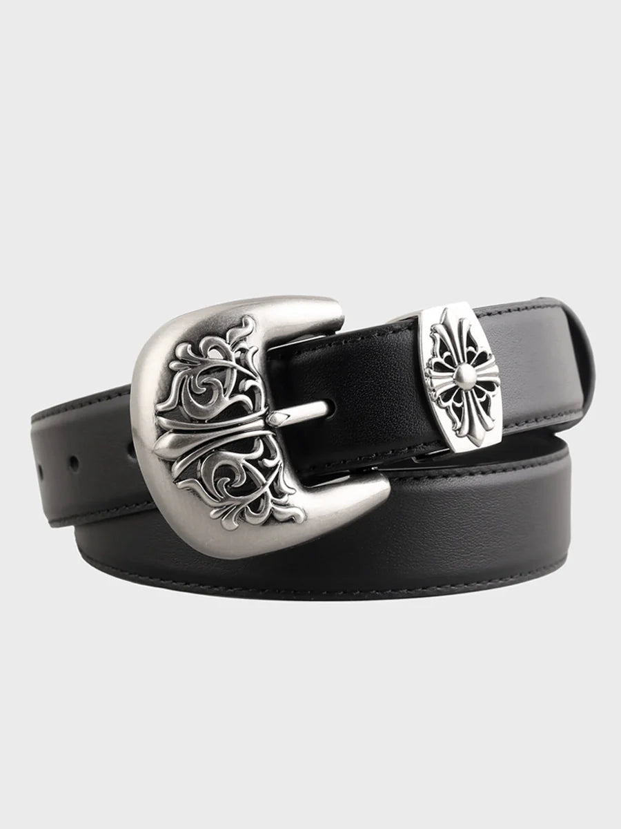 Women's premium leather belt with ornate engraved metal buckle, carved detailing, versatile chic accessory