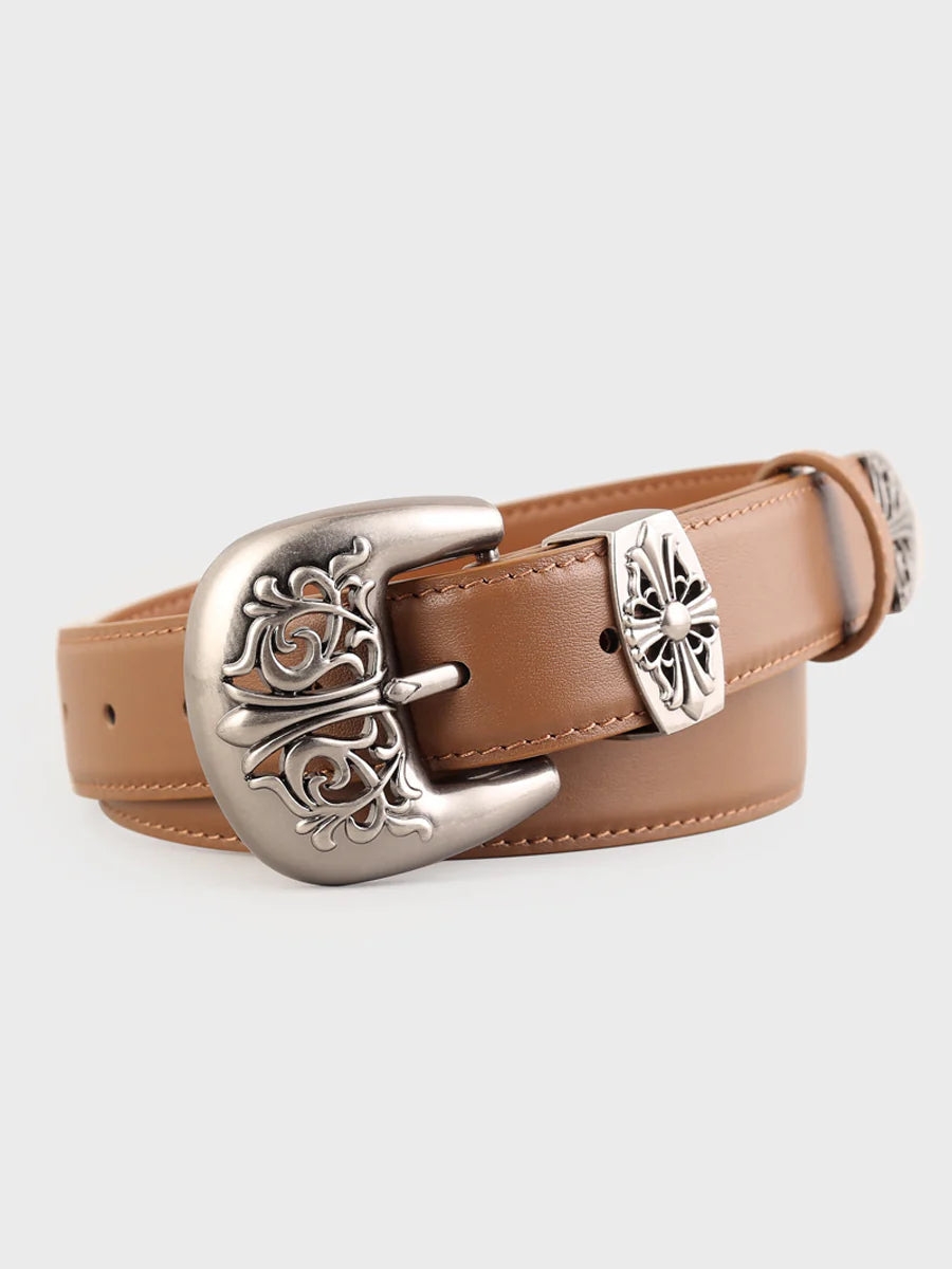 Women's premium leather belt with ornate engraved metal buckle, carved detailing, versatile chic accessory