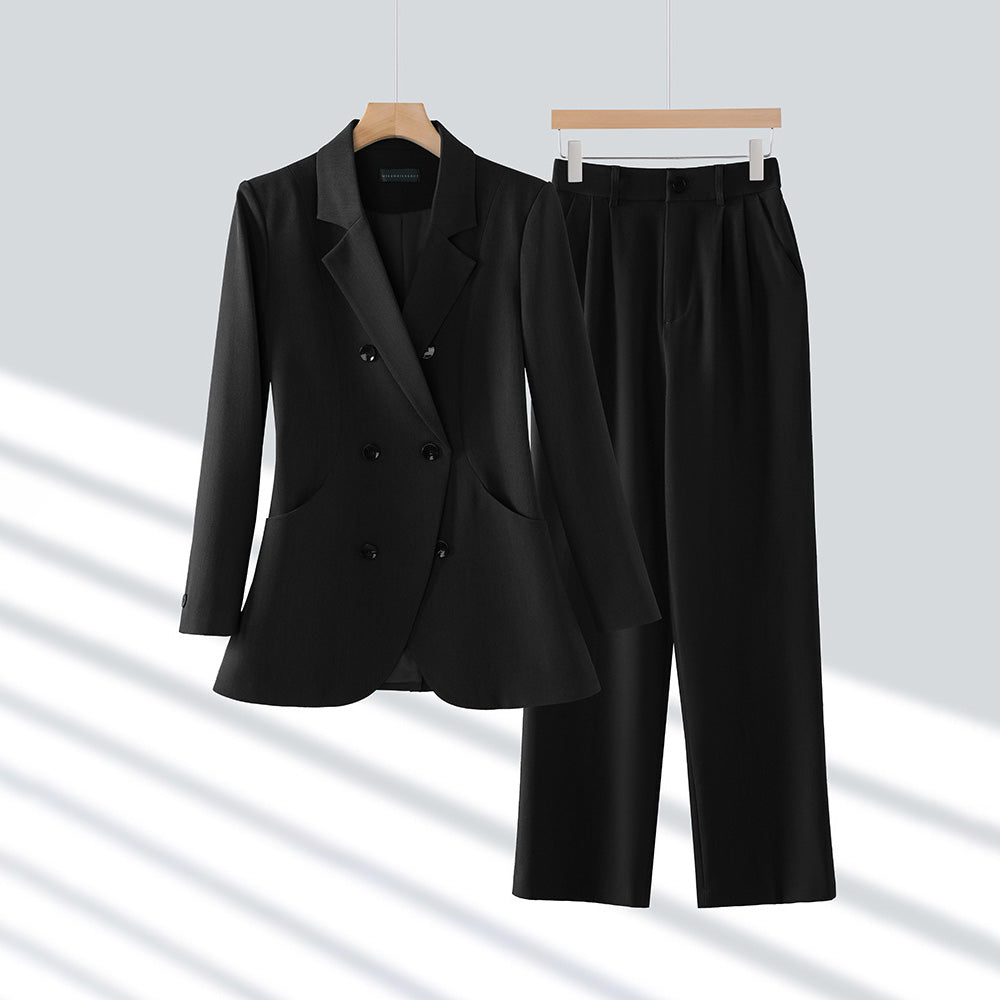 Black tailored blazer pants set for women, sleek power suit silhouette with stretch fabric