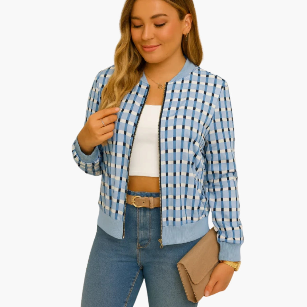 Women's blue white checkered bomber jacket retro vintage style zipper closure transitional layer