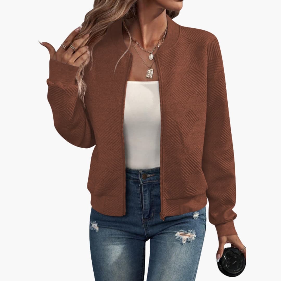 Women's transitional bomber jacket full zipper ribbed neckline versatile seasonal layering piece