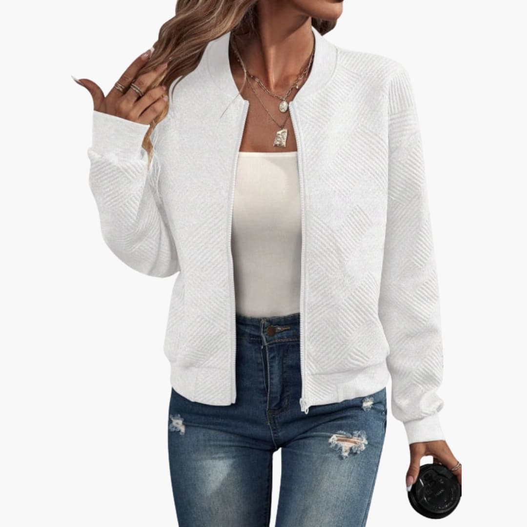 Women's transitional bomber jacket full zipper ribbed neckline versatile all-season layering piece