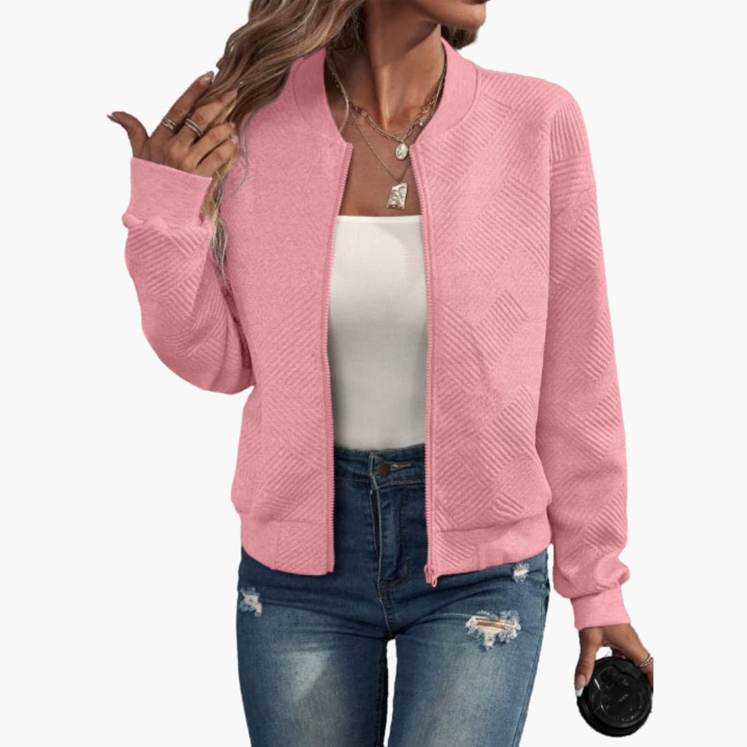 Women's transitional bomber jacket full zipper ribbed neckline versatile seasonal layering piece