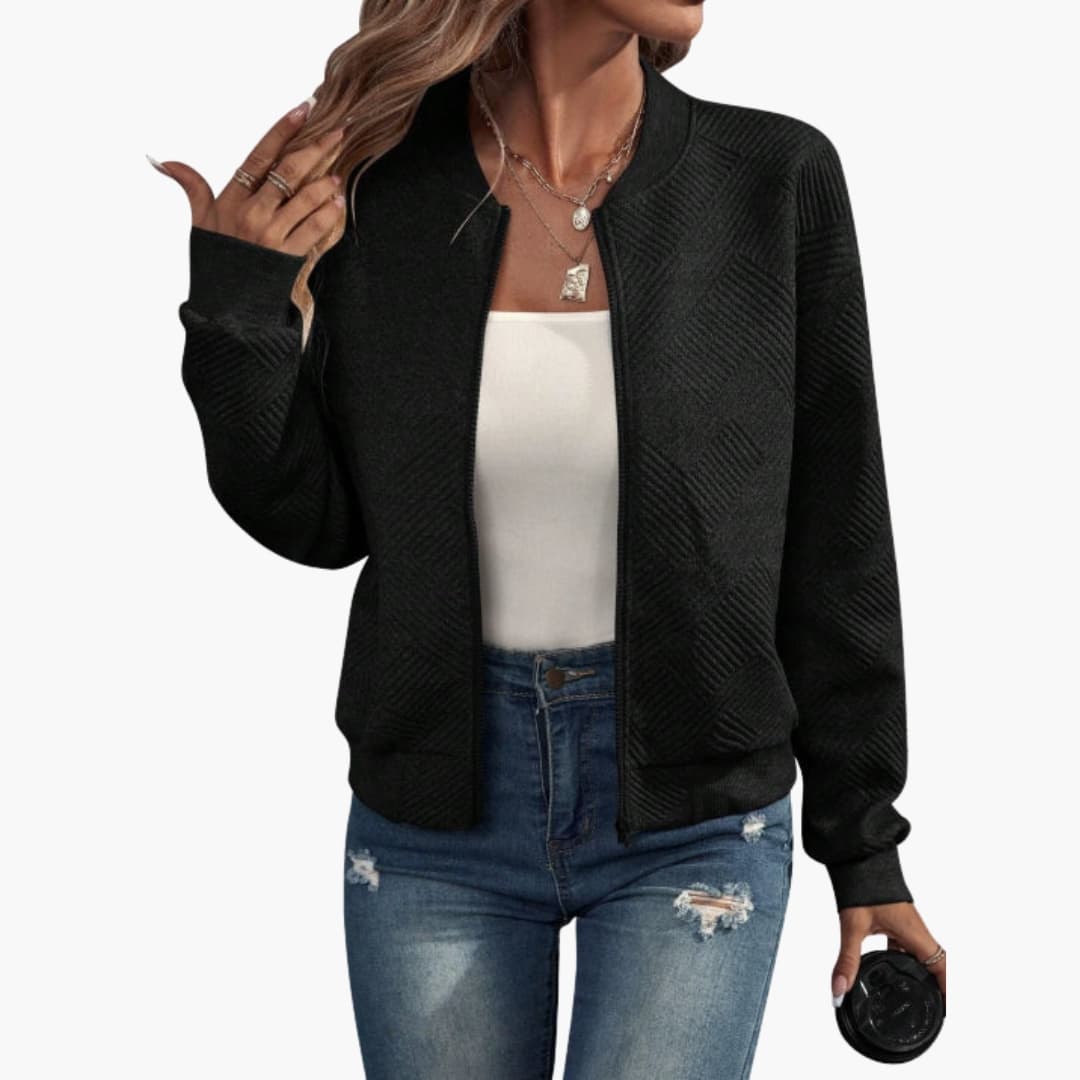 Women's transitional bomber jacket full zipper ribbed neckline versatile seasonal layering piece