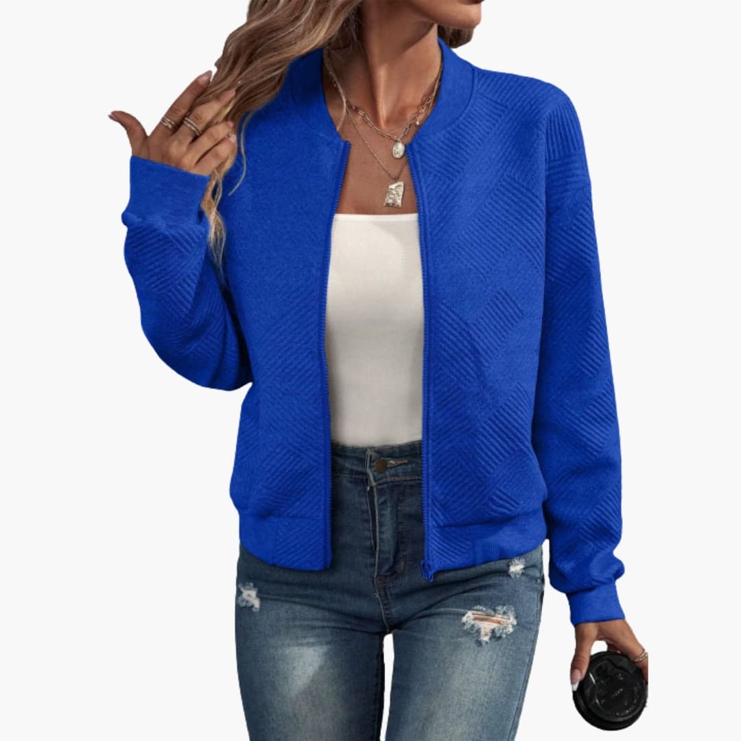 Women's transitional bomber jacket full zipper ribbed neckline versatile layering all-season style