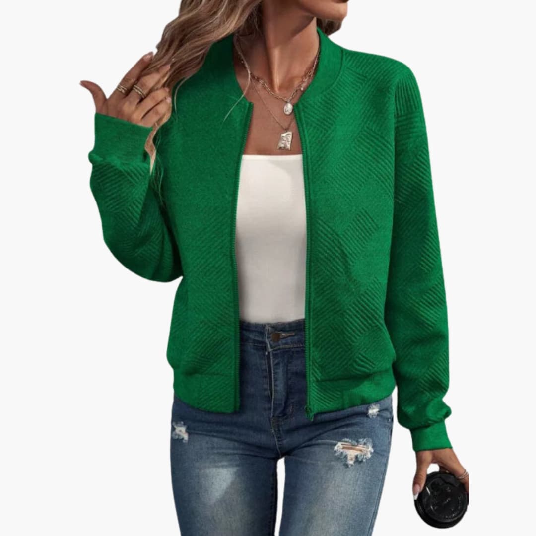 Women's transitional bomber jacket with full zipper, ribbed neckline detailing, versatile all-season layering