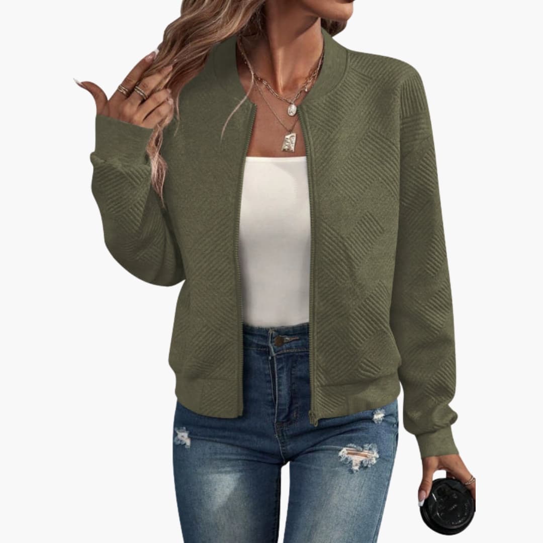 Women's transitional bomber jacket with full zipper, ribbed neckline detailing, versatile all-season layering