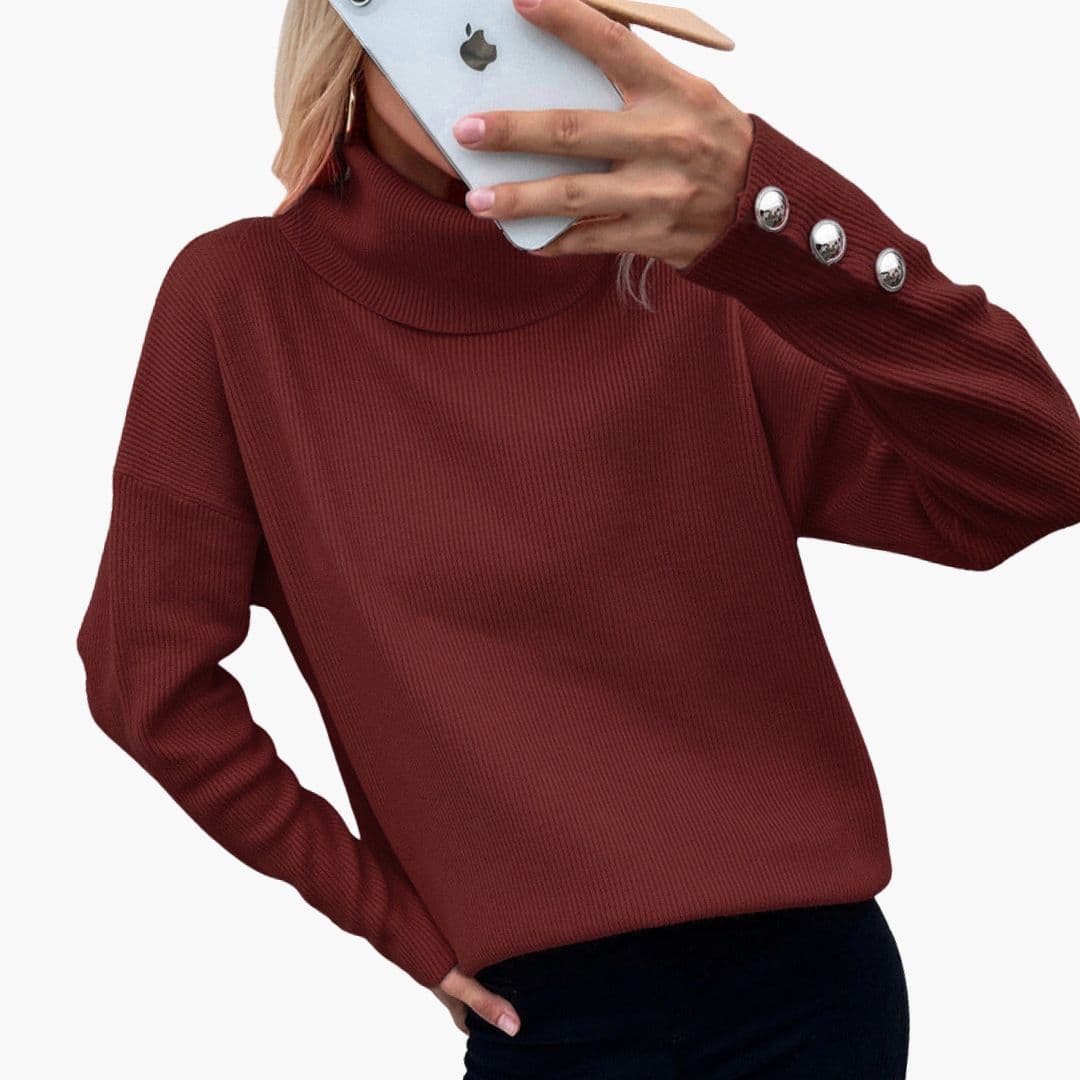 Women's ribbed knit turtleneck sweater with decorative button cuffs, cozy everyday style