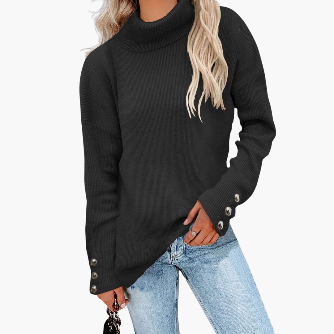 Women's ribbed knit turtleneck sweater with decorative button cuffs, cozy everyday style